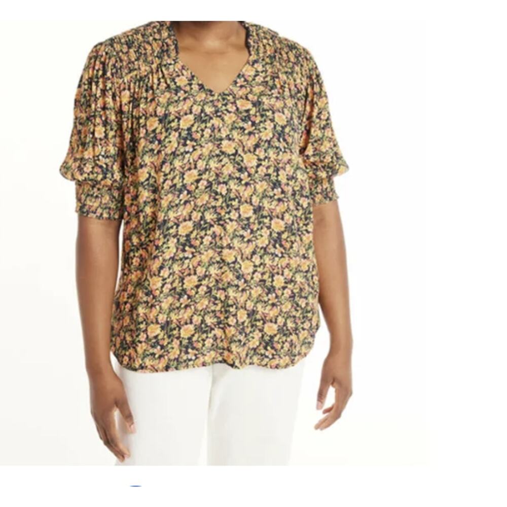 Terra & Sky 4X Floral Peasant Top Smocked Sleeve Cottagecore NEW